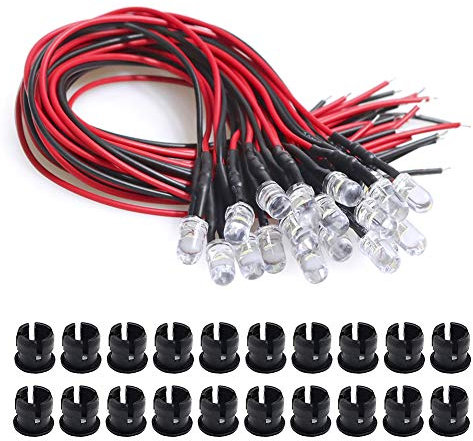 YXPCARS 20er Pack 5mm LED Diode mit 20cm Kabel, DC 12V, Fertig verkabelt (weiß) + 20er Pack 5mm LED Montageringe aus Plastik