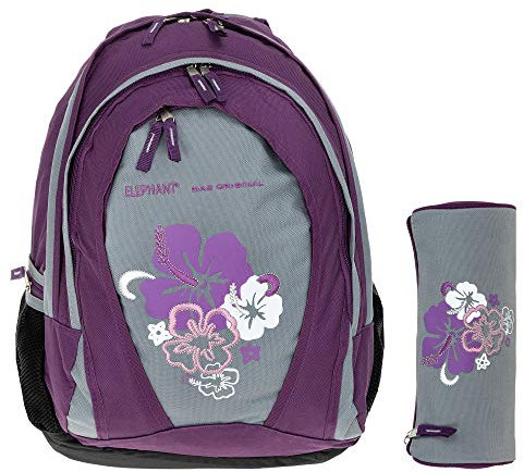 Schulrucksack Rucksack Mädchen Elephant Flower 2 Hauptfächer Polsterrücken 3813 + Mäppchen (Lila)