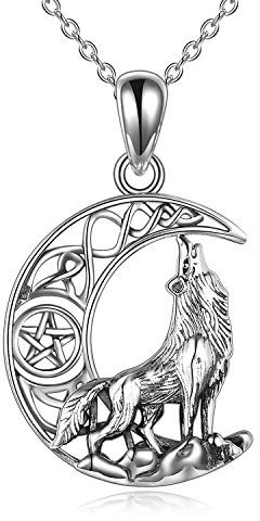 YFN Wolf Halskette Sterling Silber Anhänger Celtic Knot Wolf Mond Schmuck Geschenk für Männer Frau Mädchen