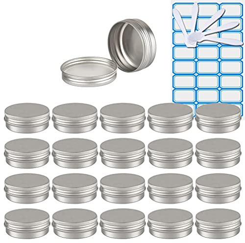 ZEOABSY 20 Pièces 40ml Pots en Aluminium Vide Rond Argent Petit Cosmétiques Pot Conteneurs for Fait Main Bougies Crème Baume Voyage, 5X Spatule, 1x Étiquettes