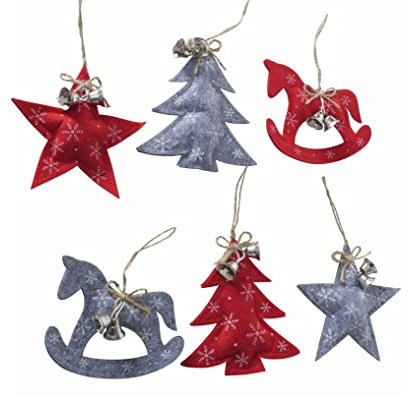 6 STK Anhänger Schaukelpferd Stern Herz Baum Filz Stoff nr762 rot grau Schneeflocken Glocken Christbaumschmuck Deko Hänger 12cm Weihnachten Hänger Weihnachtsbaumschmuck