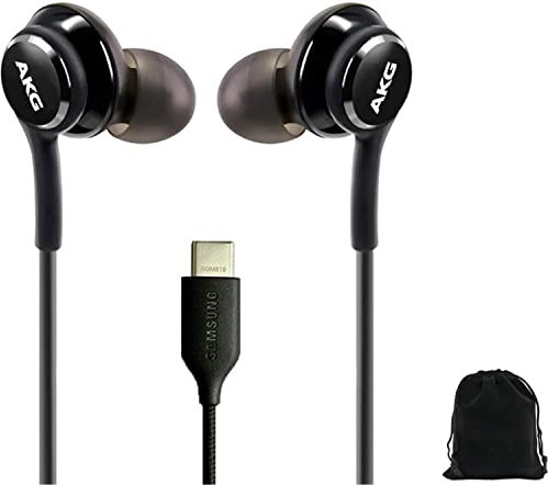 ElloGear 2023 Earbuds Stereo Headphones for Samsung Galaxy Note 10, Note 10+, Galaxy S10, S9 Plus, S10e - Designed by AKG - Cable with Microphone and Volume Remote Type-C Connector - Black with Pouch