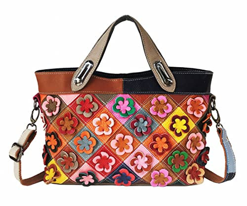 Segater Frauen Blume Multicolor Handtasche Echtes Leder Umhängetasche Designer 3D Buntes Patchwork Geldbörse Arbeit Shopper Satchel