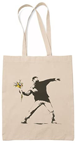 Maikomanija Banksy Street Art Graffiti-Blumen-Überwurf, umweltfreundlich, wiederverwendbar, Baumwoll-Leinen, waschbar, Schultertasche, Einkaufstasche, natur, Einheitsgröße
