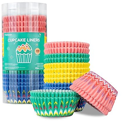 Parmedu 400 Pirottini di Carta per Cupcake - Dimensioni Standard 5,1 cm Pirottini per Muffin, 4 Colori Motivi Girasole Pirottini da Forno Pirottini per Cupcake, Modello BK009