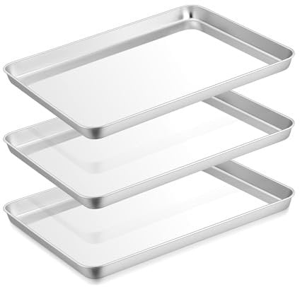 Joyfair Small Oven Tray, Stainless Steel Baking Tray Set of 3, Baking Sheet Set Ideal for Roasting Pizza Cake Bread Cookies, Mirror Finished & Flat Bottom, Freezer & Dishwasher Safe, 23.7x17.8x2.5cm