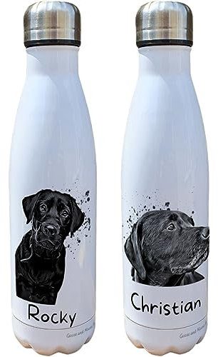 Black Labrador Dog Insulated Bottle Personalised - Gift for Dog Owners & Lover - Personalised Dog Thermal Flask - Stainless Steel Water Bottle (Rocky)