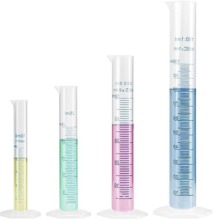 LATRAT Set di 4 cilindri graduati in plastica, 10/25/50/100 ml, per laboratori scientifici, in plastica, per la graduazione del liquido, strumenti di misurazione per la chimica della cucina