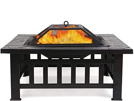 Feuerstelle, Outdoor-Kohlenbecken, Metall, quadratisch, Terrasse, Feuerstelle, Tisch, Grill, Gartenofen mit Funkenschutz, Holzrost und Schürhaken