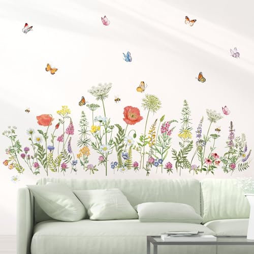 decalmile Wandtattoo Blumen Gras Schmetterlinge Wandaufkleber Blumen Grüne pflanzen Wandsticker Schlafzimmer Wohnzimmer Küche Wanddeko