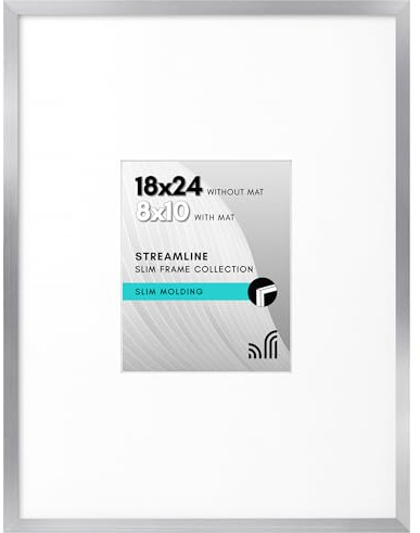 Americanflat 18x24 Poster Frame with Polished Plexiglass - Use as 8x10 Frame with Mat or Display 18x24 Photo Without Mat - Streamline Collection - Thin Border Picture Frames for Wall - Silver