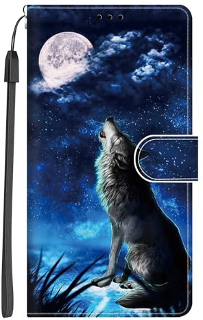 Xkladz Handyhülle für Samsung Galaxy A55 5G Hülle PU Leder Klapphülle Klappbar Schutzhülle Handytasche mit Muster Motiv Kartenfach Stoßfeste Brieftasche Flip Case für Mädchen Silikon Cover, Blau Wolf