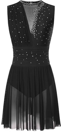 Oyolan Femme Robe Patinage Artistique Justaucorps Gymnastique Danse Strass sans Manches Tenue Danse Contemporaine A Noir S