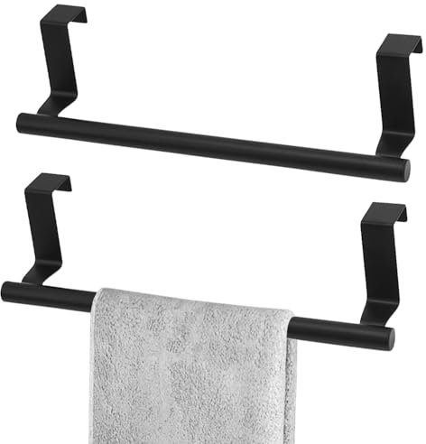 2 Pcs Stainless Steel Towel Holder, Over Door Towel Rail with Protective Strip, Towel Bar Holder, Silver Dish Towel rack for Kitchen Bathroom Cupboards Drawer (2*Small-Black)