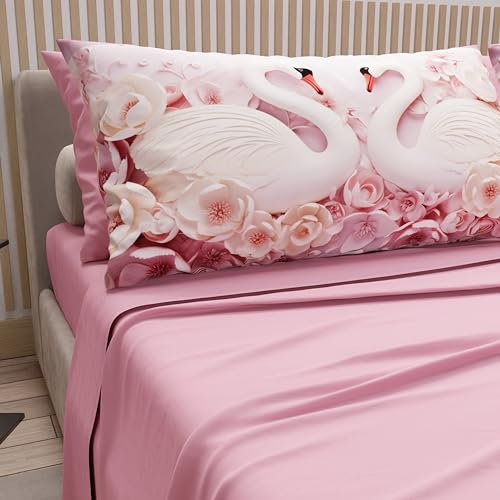 PETTI Artigiani Italiani - Lenzuola in Cotone con Federe in Stampa Digitale, Lenzuola Letto Singolo, Completo Letto Singolo, Cigni Rosa, 100% Made in Italy