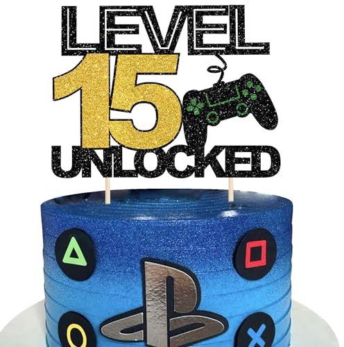 1 Stück 15 Videospiel Tortendeko Glitzer Gaming Level Unlocked 15th Geburtstag Kuchen Deko Spielkonsolen Cake Topper für Jungen Mädchen Spielkonsole Theme Geburtstag Party Kuchenaufsatz