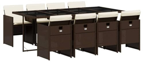 vidaXL Garten Essgruppe 9-TLG., Gartenmöbel Set Tisch mit 8 Stühle, Gartengarnitur mit Kissen, Sitzgruppe Essgarnitur Terrasse, Braun Poly Rattan