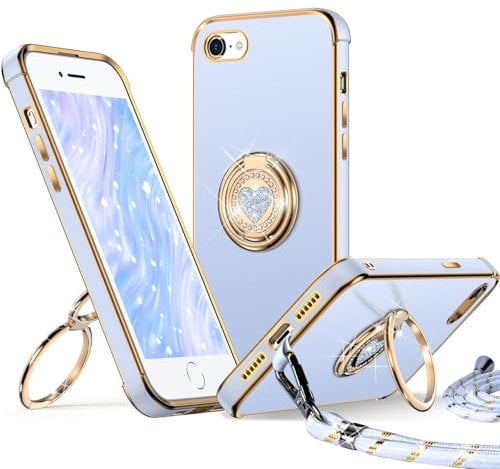 XYZ for iPhone 8/7, SE 2020/22 Case with Stand, Double Ring Holder Case Heart with Lanyard for Girls Women, Luxury Cute Bling Protective Phone Cover for iPhone SE, Blue