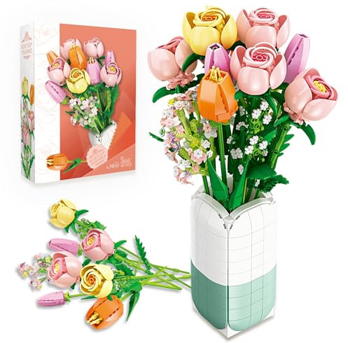 chanbrick Juego de construcción de ramo de flores, tulipanes, camelia con jarrón para adultos, 1011 piezas, compatible con Lego