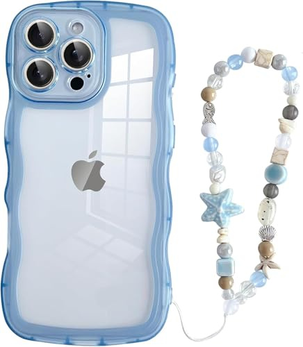 Jmltech for iPhone 16 Pro Case Cute Kawaii Curly Wave Clear with Beaded Charms Lanyard Wristlet Strap Turquoise Wristlet Heart Star Girly Shockproof Protective Phone Cases