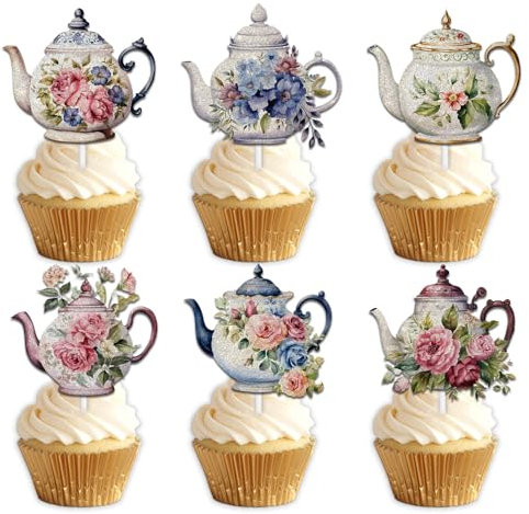 Dessert Cupcake Topper Pick for Teapot Afternoon Tea Theme Decorations children Happy Birthday Baby Shower Party Decor Supplies 18pcs Colorful Glitter