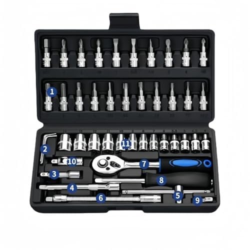 46 Pieces 1/4 Drive Socket Wrench,Tool Sets, Ratchet Wrench Set Driver Bits Metric Set Flexible Extension Rods with Reversible Ratchet Spanner , for DIY Car Bicycle Motor Re pair and Home Maintenanc