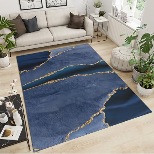 Luxuriöser Marmor-Teppich, dunkelblau und gold, abstrakte Linie, weicher Plüsch-Teppich für Wohnzimmer, Schlafzimmer, maschinenwaschbar, Bodenmatte, 100 x 200 cm