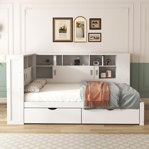RIAZOS Platform Bed with Trundle & Bookcase & USB, Single Bed-3ft(90 * 190cm), Household Bed, Multifunctional Bed,With 2 Storage Drawers, Dust-Proof Cabinet and Shelves, Large Storage Space,White