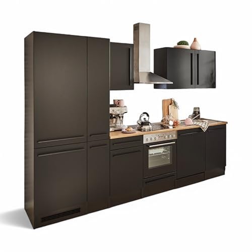 Jazz 8 Moderne Küchenzeile ohne Elektrogeräte in Schwarz matt, Lanzelot Eiche Optik - Geräumige Einbauküche mit viel Stauraum - 310 x 211 x 60 cm (B/H/T)
