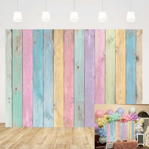 Colorful Wood Photography Backdrops Easter Pastel Rustic Rainbow Wood Spring Background Girls Boys Kids Baby Portrait Baby Shower Birthday Party Decorations Photo Props (7x5FT)