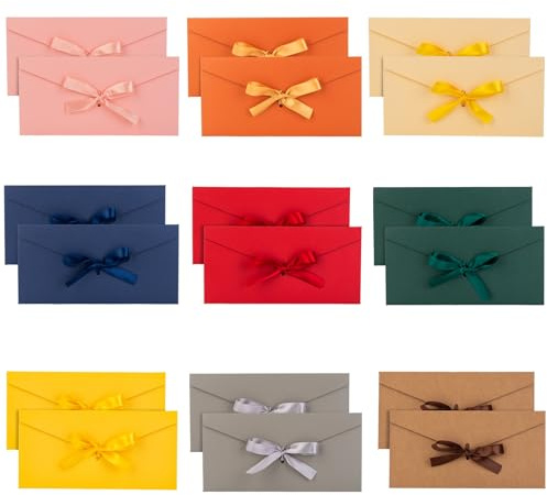 Mshan 18-teiliges Set eleganter Briefumschläge aus Perlmuttpapier (mit Schleifen) – 9 Farben, Mehrzweck-Geschenkumschläge für Karten, Einladungen, Dankeskarten, Gedenkbriefe.