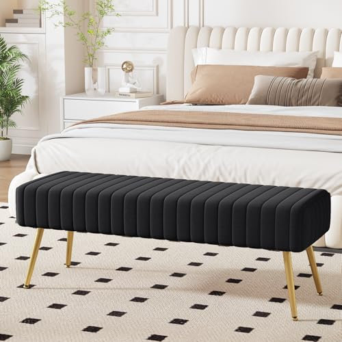 Ckaff Sitzbank Flur Flurbank 113.5cm, Esszimmerbank, Bettbank Schlafzimmerbank, Fußbank, Polsterbank, Schminkbank Schuhbank mit Metallbeinen aus Samt für Schlafzimmer Wohnzimmer Flur, Schwarz