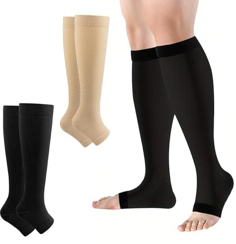 2 Pairs Compression Socks for Women & Men, 20-30 mmHg Open Toe Medical Graduated Compression Stockings Knee High Toeless Support Stockings for Varicose Veins Travel Sports Pregnancy Work (L-XL)