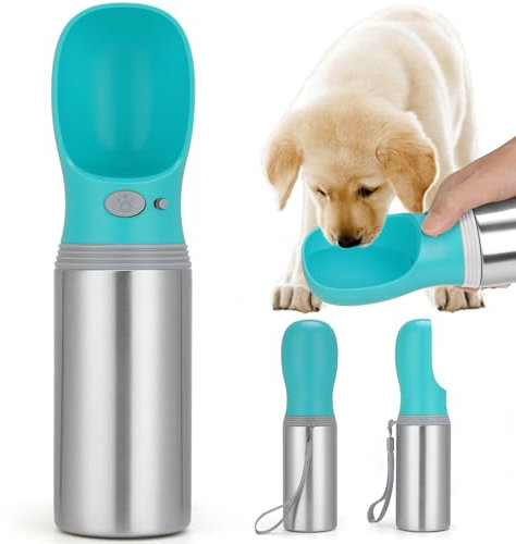 Portable Dog Water Bottle, 14 OZ, Stainless Steel Leak Proof Puppy Water Dispenser with Drinking Feeder for Pets Travel, Walking, Hiking and Outdoor Activities