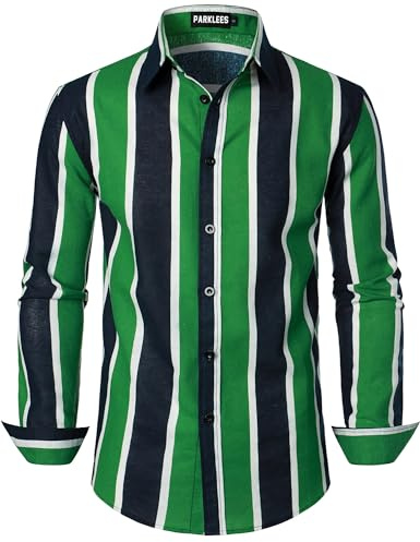 PARKLEES Men's Linen 70s Hippie Traditional Style Pattern Printed Long Sleeve Button up Shirt Green Stripe Large