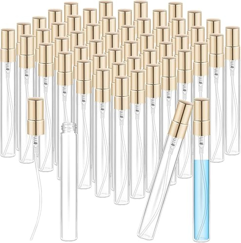 JTKDG 50 Pcs 10 ml Mini Spray Bottles Clear Refillable Glass Perfume Bottles Fragrance Scent Sample Perfume Atomizer Glass Empty Travel Sprayer Pocket Dispenser Refillable Container