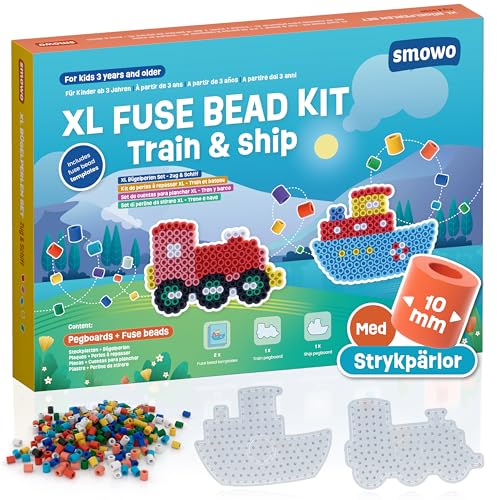 Smowo® 10mm Bügelperlen Set mit Zug und Boot Steckplatten – Kreativset mit 2 Platten, Perlen und Vorlagen – Große Maxi Stiftplatten für Kinder ab 3 Jahren