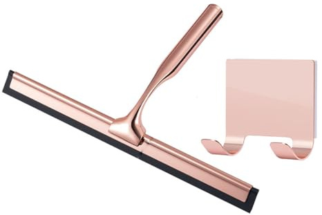Rockreyoa Duschabzieher Edelstahl 25cm Fensterabzieher mit Silikon Wischlippe Abzieher Dusche Badezimmer mit Wandaufhänger für Badezimmer Fenster Spiegel Autoglas Roségold