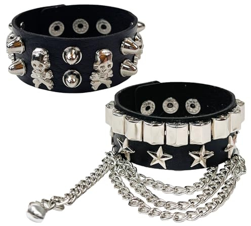HJDJBD 2 Stück Nietenarmband,Nieten Armbänder,Studded Spike Bracelet Mit Verstellbarem Verschluss Gothic Emo Accessoires Für Herren Damen,Punk Armband Fans,Party Konzert Rocker Cosplay Schwarz