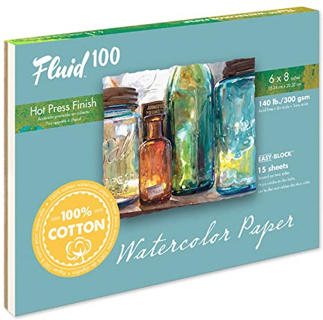 Speedball Fluid 100 Hot Press Watercolour Block 6 x 8 100% Rag Cotton Paper that is Gelatin-Sized, 300gsm Sheets / 140lb