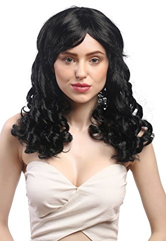 WIG ME UP - XR-007-P103 Perücke Damen Karneval Fasching Cosplay Korkenzieher Locken lang Pony schwarz Gothic Lolita Kolonial Biedermeier ca. 50 cm
