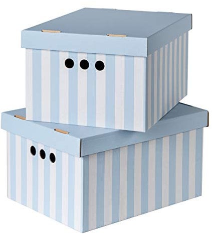 SOFTILLO Pack of 2 Decorative Storage Boxes With Lids Home Office Bedroom Wardrobe Box Organiser Archive Box with Lid Multi-Use General Storage Archive Box Lid Stylish Set Large Light Blue Stripes