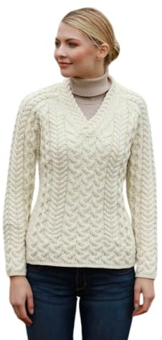 Aran Woollen Mills Irish 100% Merino Wolle Cable Knit Pullover Sweater Jumper mit V-Ausschnitt für Damen