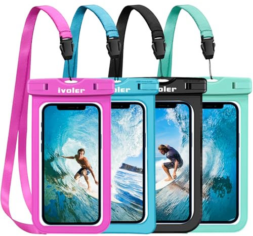 iVoler [4 Pezzi Custodia Impermeabile Smartphone, IPX8 Universale Borsa Impermeabile Sacchetto Impermeabile Cellulare Dry Bag Waterproof per iPhone, Samsung, Huawei, ECC. (Nero+Blu+Verde+Rosa)