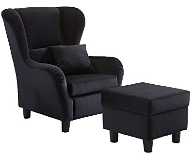 lifestyle4living - Moderner Ohrensessel mit Hocker – Große Auswahl an Stoffen und Farben - Gemütlicher Designer-Sessel im eleganten Landhaus-Stil, Samtschwarz