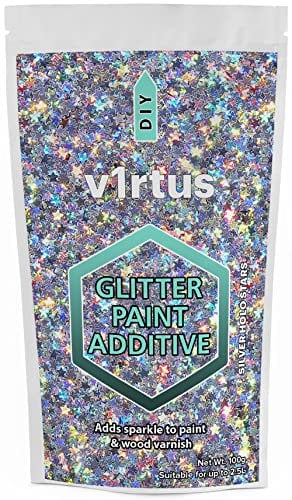 v1rtus Glitter Paint Additive - Silver Holographic Stars | Metallic Flakes for Adding Sparkle to Paints & Wood Varnish | Add to Emulsion, Acrylic & Latex for Indoor Sparkly Walls | 100 g