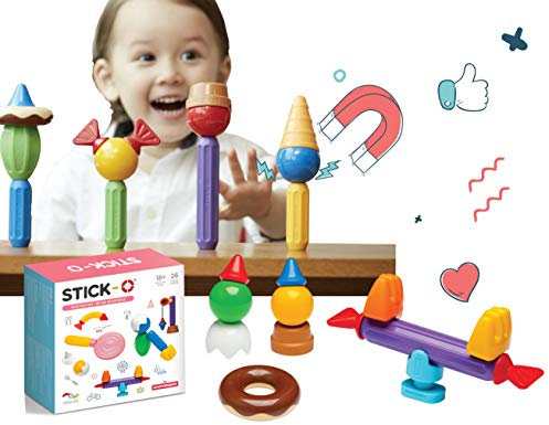 Stick-O magnetische Bausteine für Kinder ab 1 Jahre, kreatives Konstruktionsspielzeug, Lernspielzeug mit Magnet, Rollenspiel Set für Mädchen und Jungen, Montessori Spielzeug, 26 Teile Set,