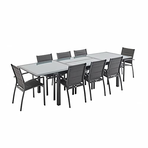 sweeek Alice's Garden - Table de Jardin Extensible Aluminium + 8 assises Gris Anthracite - Table en Aluminium 200/300cm. Plateau de Verre. rallonge et 8 fauteuils en textilène