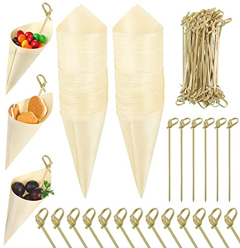 100 Conos de Comida Conos de Degustación de Madera 5 Pulgadas con 100 Palillos de Cócteles de Bambú, Cono de Madera Desechable Soporte de Helados Aperitivos Comida para Picar para Fiesta de Hogar