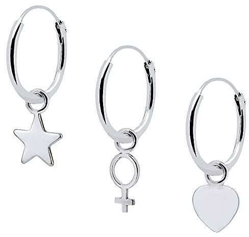 ENTREPLATA Ohrringe aus 925er Sterlingsilber Ohrringe für Damen Mädchen Jungen drei Silbercreolen mit drei Anhängern Herzform Stern und weibliches Symbol Feminist